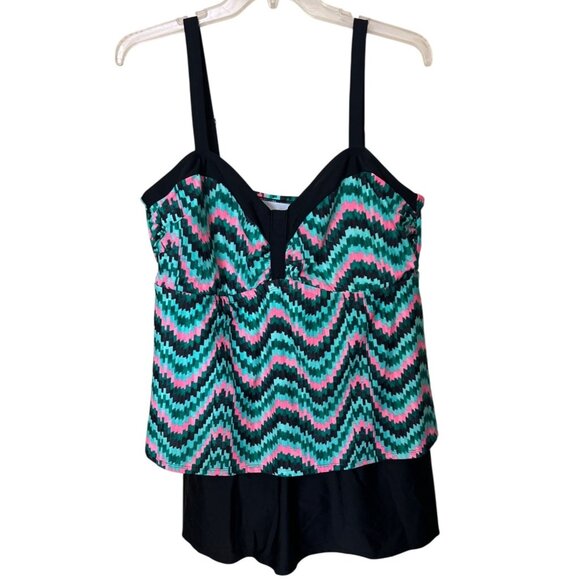 CATHERINES Plus One Piece Swimsuit SZ 24W Chevron Beach Resort Vacation Tropical - Picture 1 of 9